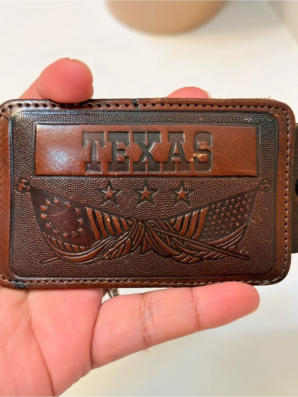 Vintage Texas Bicentennial Brown Leather Western Belt w/ Embossed Buckle C-400